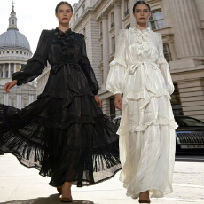 批发新款度假风花边系带立领多层珍珠荷叶边大摆型纯色长款<b class='q'>连衣裙</b> 8色