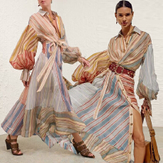 批发新款时尚小众丝麻条纹拼接度假风翻领<b class='q'>灯笼</b>袖度假风连衣长裙