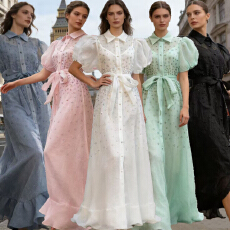 批发新款优雅泡泡<b class='q'>夏季</b>短袖蓬松钉钻大摆裙女连衣裙聚会裙 5 色