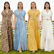 批发新款度假风蕾丝刺绣花朵<b class='q'>西装</b>领连衣裙排扣收腰优雅长裙 4<b class='q'>色</b>