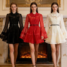 批发2026度假成衣新款桑蚕丝灯笼廓形迷你连衣裙3色