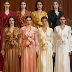 批发新款法式气质荷叶<b class='q'>长裙</b>时尚高级感V领收腰喇叭袖连衣裙女 8色