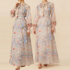 批发新款<b class='q'>欧美</b>度假风修身显瘦翻领长袖印花大摆<b class='q'>长裙</b>优雅连衣裙2 色