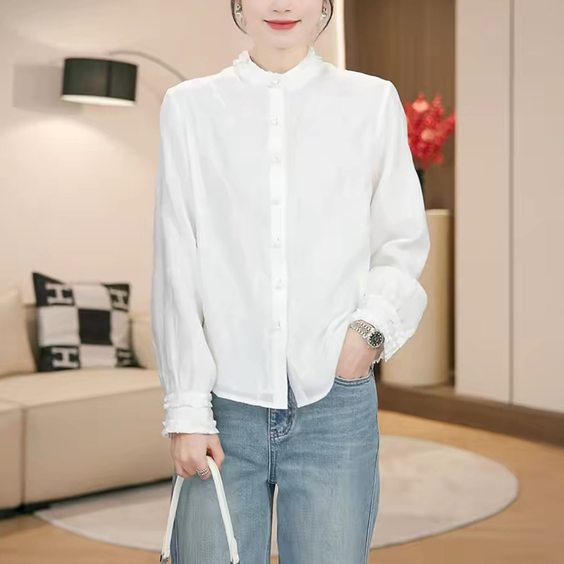 주간 실크 자수 여성 셔츠 봄 가을 새로운 있음 안감 자수 프릴 스탠드 칼라 프랑스식 긴팔