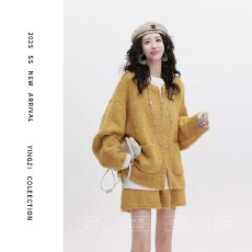 批发复古纯色百搭开衫毛衣<b class='q'>冬</b>季休闲高腰短裙