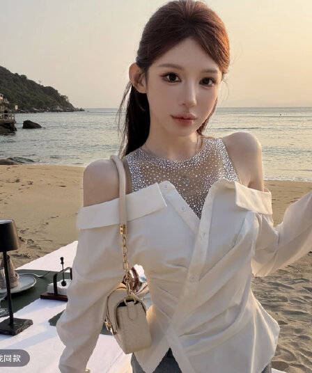 핑크색 丨 아름 답 고 요염하다 여성 주님 디자인 센스 페이크 레이어드 무거운 작업 핫픽스 셔츠 맨위 여성