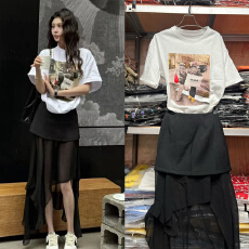 批发依美丁时尚<b class='q'>西装</b>裙边拼接不规则纱裙裤+体恤