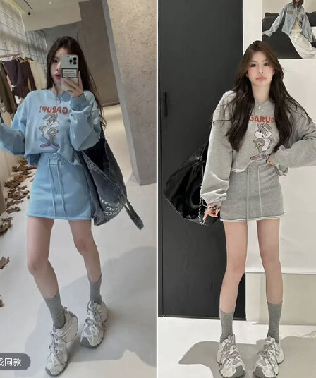 huihui 이른 가을 새로운 만화 토끼 형제 패턴 쇼트 스타일 후드티 여성 한 부서 외국 가스 세트 l080