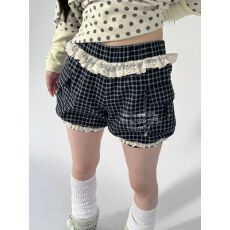 批发文艺复古格蕾少女高腰显瘦南瓜裤蕾丝印花口袋格纹短裤束脚裤秋<b class='q'>冬</b>