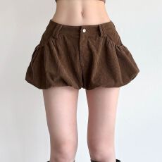 批发跨境ins甜美少女风纯色可爱减龄花苞短裤复古日常百搭基础休闲裤