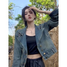 批发재고있음复古西装领<b class='q'>牛仔</b>外套女设计感小个子短款显瘦休闲夹克上衣