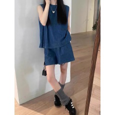 批发仿<b class='q'>牛仔</b><b class='q'>背心</b>套装女夏季韩系显瘦无袖上衣松紧腰短裤两件套