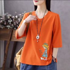 批发2026春夏印花V领七分袖T恤女时尚百搭<b class='q'>中袖</b>五分袖鸡心领打底衫上衣