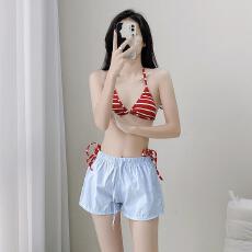 批发比基尼泳衣女复古条纹分体三件套抹胸挂脖性感辣妹纯欲泡温泉度假