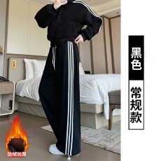 批发美式条纹加绒加厚痞雅卫裤秋<b class='q'>冬</b>季阔腿裤直筒裤束脚裤两穿运动裤女