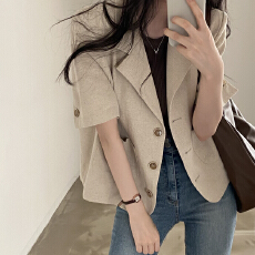 批发<b class='q'>韩国</b>chic翻领三粒扣设计宽松休闲短袖亚麻西装外套女