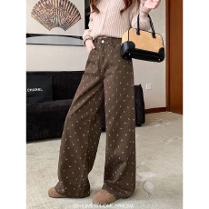 批发复古棕色<b class='q'>碎花</b>美拉德牛仔<b class='q'>裤</b>女春秋季2026新款宽松直筒阔腿拖地<b class='q'>裤</b>子