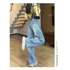 批发已出货 弯刀阔腿牛仔裤女<b class='q'>夏</b>季新款浅蓝色高腰宽松梨型身材直筒裤