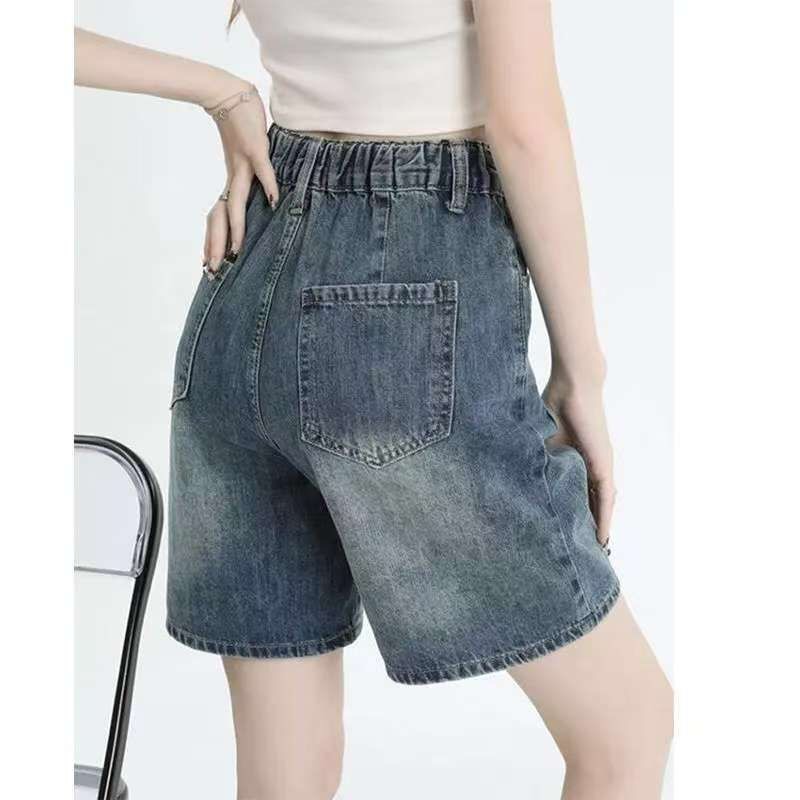 있음 선적 밴딩 하이웨이스트 오부 바지 데님 반바지 여성 여름 새로운 루즈핏 스트레이트 넓은 다리 바지