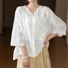 批发已出货 文艺森系多色棉麻刺绣花边衬衫 夏季轻薄单排扣V领显瘦