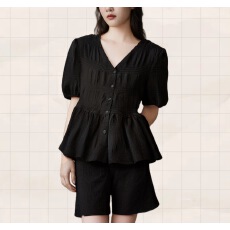 批发已出货  设计感a字<b class='q'>收腰</b>雪纺短袖衬衫胖mm遮肚子显瘦黑色上衣