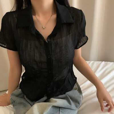 있음 선적 한국 chic 마이크로 ~을 통해 주름 몸매 가꾸기 여성 셔츠 여름 개성 스택 착용 외부 가져 가라. 슬림해 보이는 쇼트 스타일