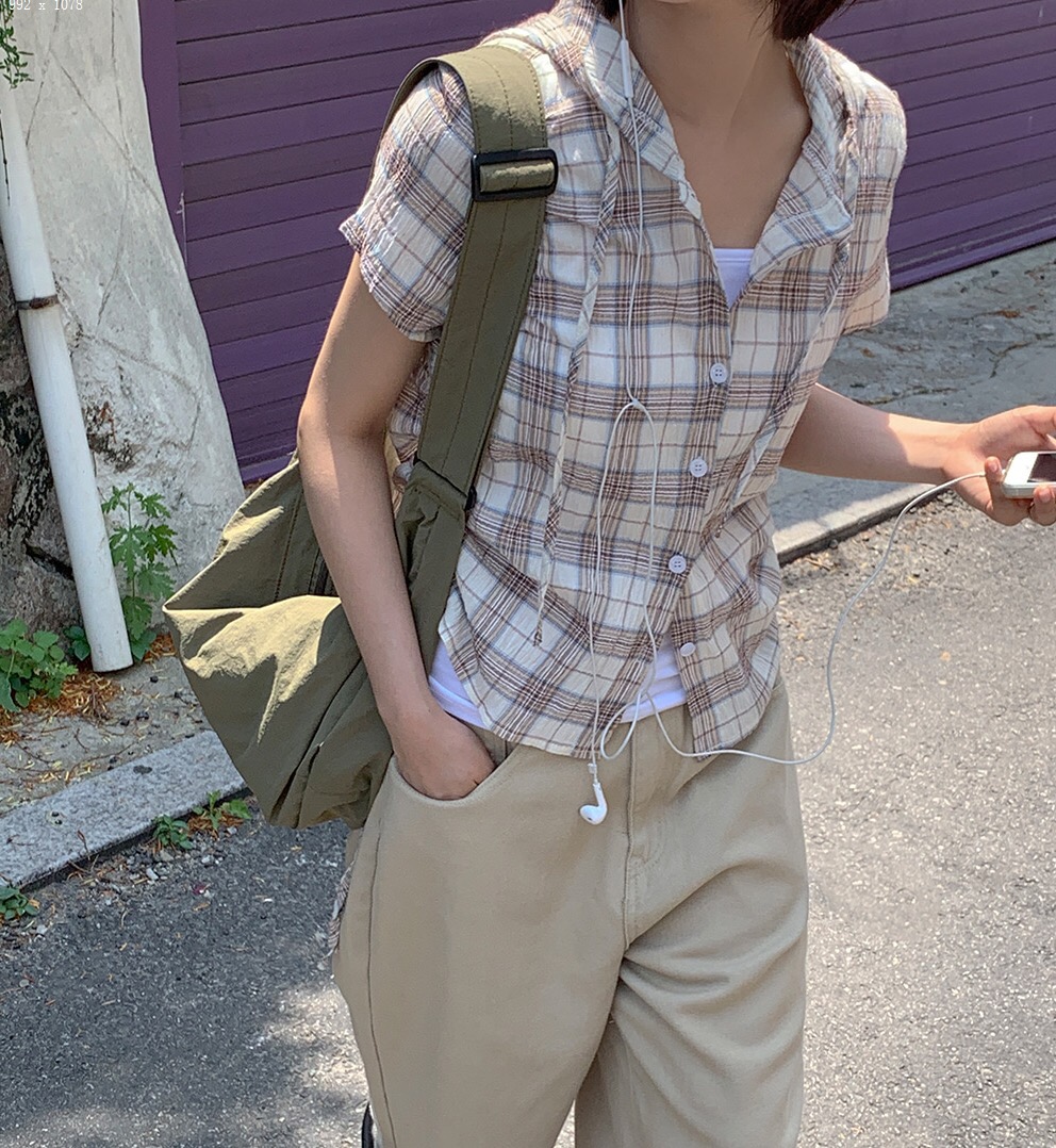 있음 선적 한국 chic 캐주얼 출퇴근 후드 레이스업 싱글 줄 버튼 펌프 밑단 Pleat 체크무늬 반팔 셔츠