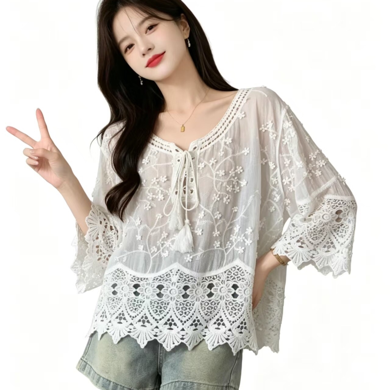 있음 선적 한국 chic 홀로우 아웃 자수 V 넥 셔츠 레이스 자외선 차단 블라우스 루즈핏 얇은 스타일 중간 소매 맨위