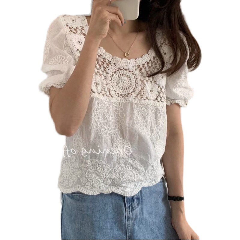 있음 선적 한국 chic 봄 새로운 한국 스타일 ins 트렌디 디자인 센스 홀로우 아웃 자수 반팔 맨위