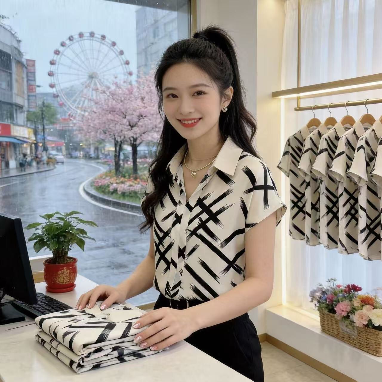 있음 선적 한국 chic 여름 새로운 루즈핏 반팔 여성 셔츠 표지 배 작은 셔츠 쉬폰 프린트 맨위