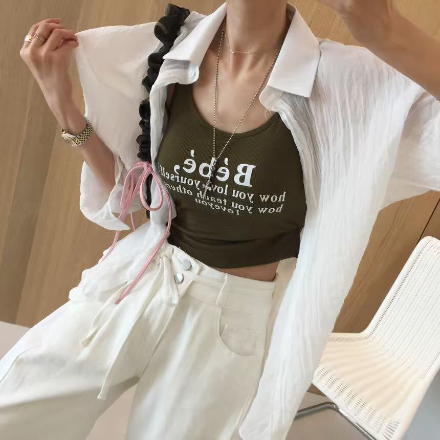 있음 선적 한국 chic 얇은 스타일 미니멀리즘 단색 여성 셔츠 여름 루즈핏 슬림해 보이는 느긋한 바람 긴팔 자외선 차단