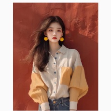 批发已出货 韩国chic早秋新款爆款衬衫洋气风杏色拼接长袖上衣女