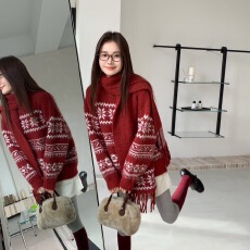 已出货 韩国chic新款设计感圆领复古提花拼色软糯针织衫女带围巾