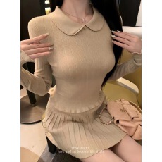 批发已出货 韩国chic少女套装娃娃领针织衫女冬季A字<b class='q'>百褶</b>裙套装