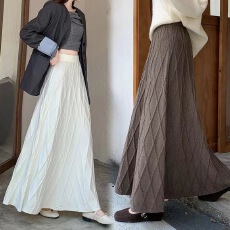 批发已出货 韩国chic针织菱形纹理<b class='q'>半身裙</b>女秋冬收腰<b class='q'>百褶裙</b>弹力a字伞裙
