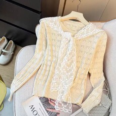 批发2025年秋季韩版超好看蓝色<b class='q'>蕾丝</b><b class='q'>披肩</b>女别致薄款长袖正肩冰丝上衣