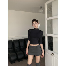 批发白色半高领短<b class='q'>袖</b><b class='q'>T</b><b class='q'>恤</b>女秋季五分<b class='q'>袖</b>修身辣妹紧身显身材上衣