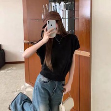 批发叠穿复古半高领短袖毛衣<b class='q'>马甲</b>背心女秋季2025新款休闲显瘦针织上衣