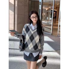 批发秋冬新款韩系翻领撞色条纹针织双拉链设计长袖<b class='q'>开衫</b>上衣女