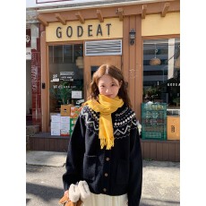 批发复古印花费尔岛圆领针织<b class='q'>开衫</b>女冬季宽松软糯亲肤百搭毛衣