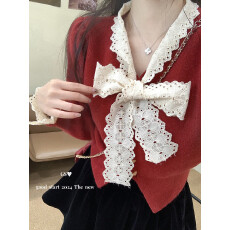 批发甜美蕾丝蝴蝶结<b class='q'>针织衫</b><b class='q'>女</b>冬季设计感红色V领毛衣<b class='q'>开衫</b>内搭长袖上衣