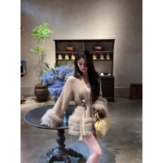 批发FairyJiang 秋季真狐狸毛皮草针织开衫外套女中长款收腰白色毛衣