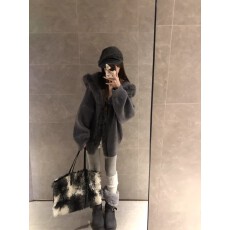 批发美式复古设计感大毛领拼接连帽毛衣女秋冬慵懒风气质宽松针织上衣