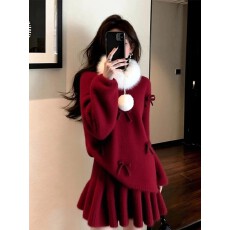 批发2026春季新款富家千金小香风气质新年红色毛衣<b class='q'>半身裙</b>围脖三件套女