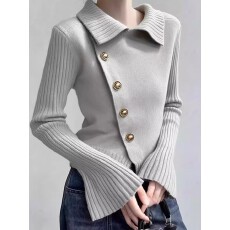 批发氛围感小众穿搭灰色翻领斜扣针织衫女2026春季新款设计感百搭毛衣