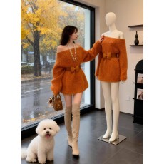 批发慵懒风露肩针织连衣裙女2025秋<b class='q'>冬</b>新款高级感宽松收腰显瘦加厚裙子