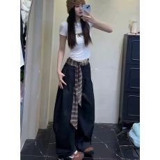 批发美式高街格纹绑带卡其色弯刀裤休闲裤秋季新款松弛感<b class='q'>西装</b>裤阔腿<b class='q'>裤</b>