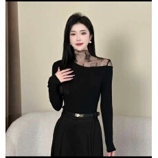 批发2025新款<b class='q'>拼接</b>长袖T恤女设计感加绒加厚打底衫上衣➕毛呢裤子