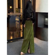 批发郑米港岛暮色高腰显瘦新年圣诞穿搭红色灯芯绒半身裙高腰开叉长裙