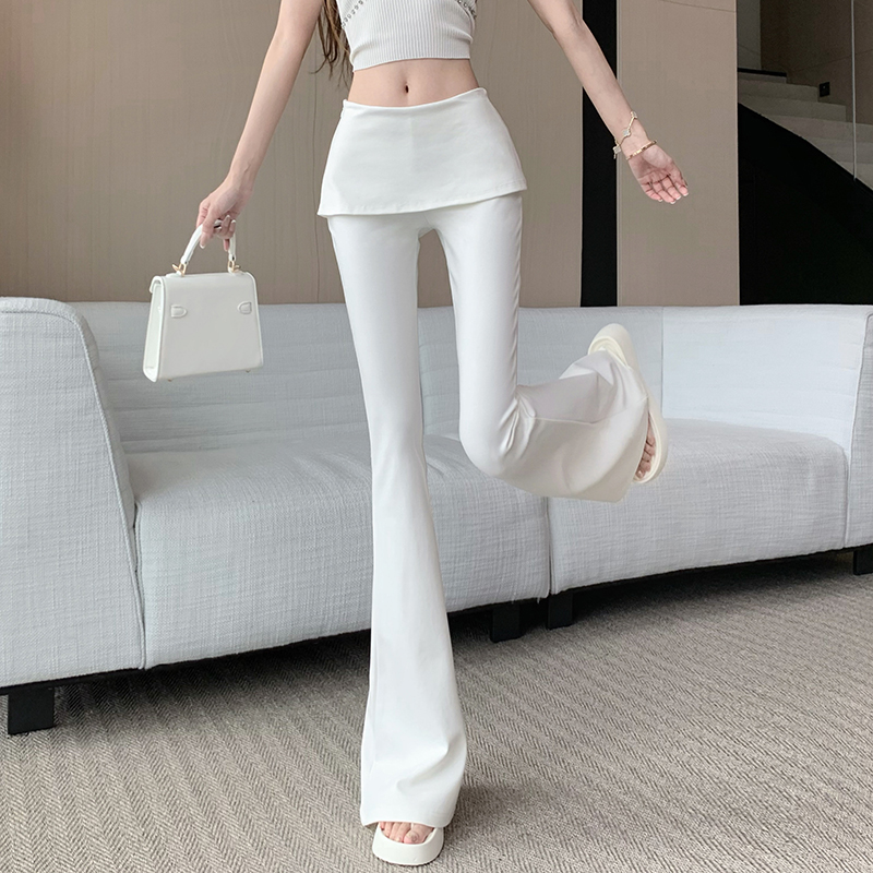 랩스커트팬츠 패치워크 마이크로 나팔 정장 바지 여성 여름 얇은 스타일 페이크 레이어드 하이웨이스트 캐주얼 바지 도루 가을 센스 바닥 청소 긴 바지